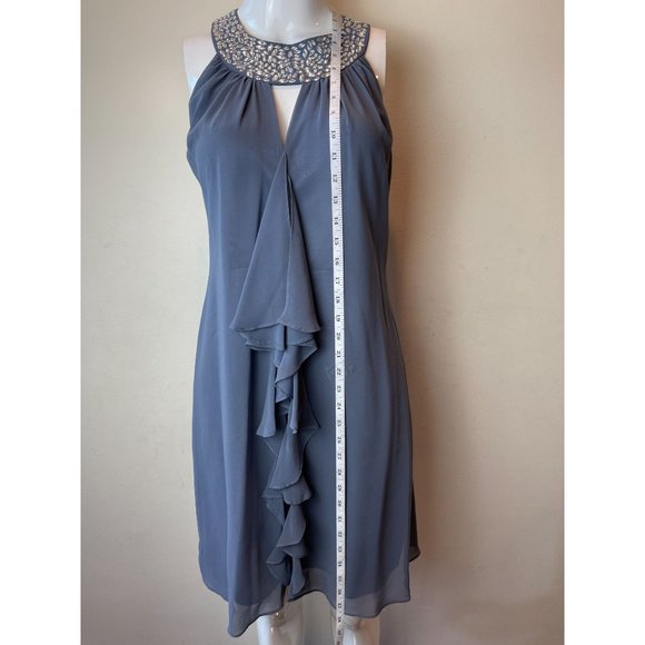 One By Eight Women Sheath Dress Chiffon Ruffle Beaded Halter Neck Keyhole Blue 4 - Picture 3 of 7